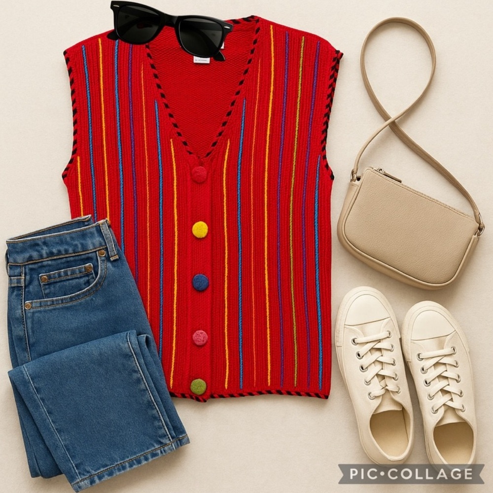 Vintage 90s Stripe Knit Sweater Vest Ramie Cotton Colorful Button Front S M